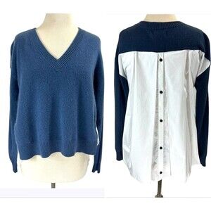 NAADAM Sweater Women Small Blue Cashmere Mixed Media Cotton Poplin Button Back